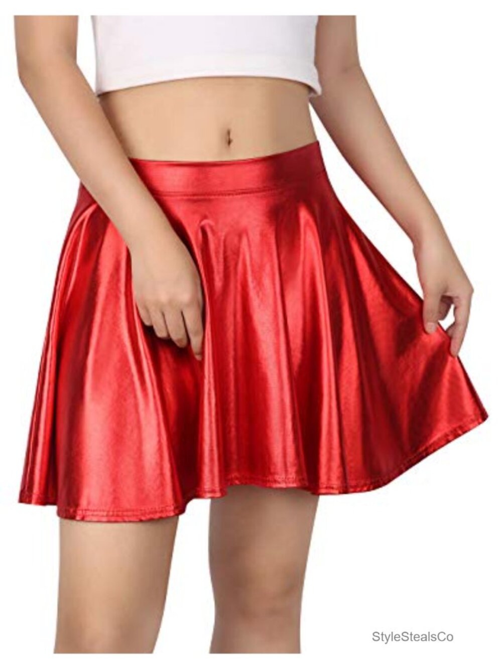Metallic Pleated A-Line Skater Mini Skirt Flowy High Waist
